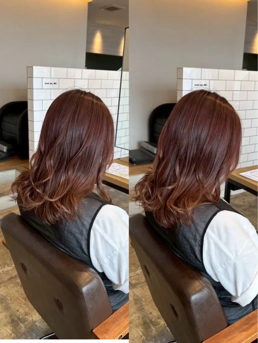 セミロング カラー オレンジ オレンジピンク ピンクカラー カット ヘアカラー トリートメント RINNO🌷透明感 カラー/髪質改善のヘアスタイル
