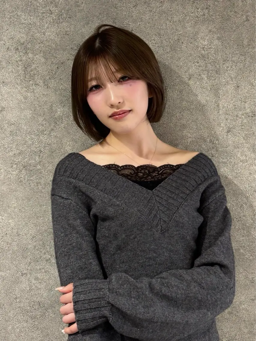 ミディアム カラー ブラウンカラー チョコレートブラウン 透明感カラー ボブ 紅都🫧赤みなし 透明感水光カラーのヘアスタイル