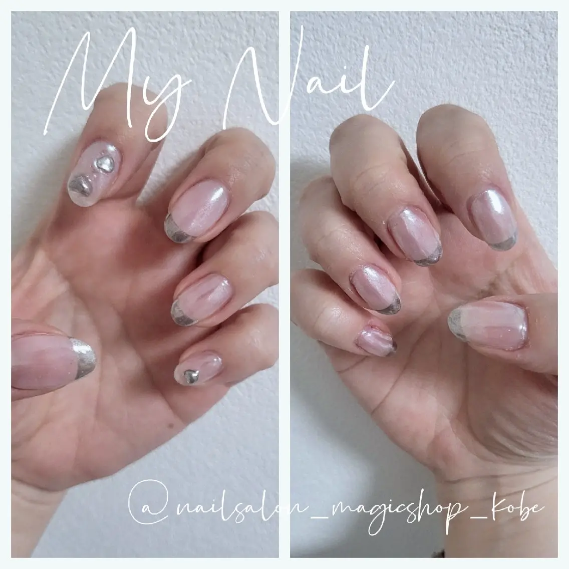 ネイル フレンチネイル ジェルネイル ハート ミラーネイル シルバー ハンドネイル Nailsalon MagicShopのネイルデザイン