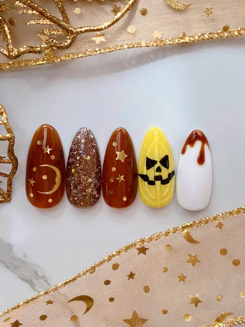 ネイル ブラウン ハロウィン ぷっくりネイル ハンドネイル iro+ nailのネイルデザイン