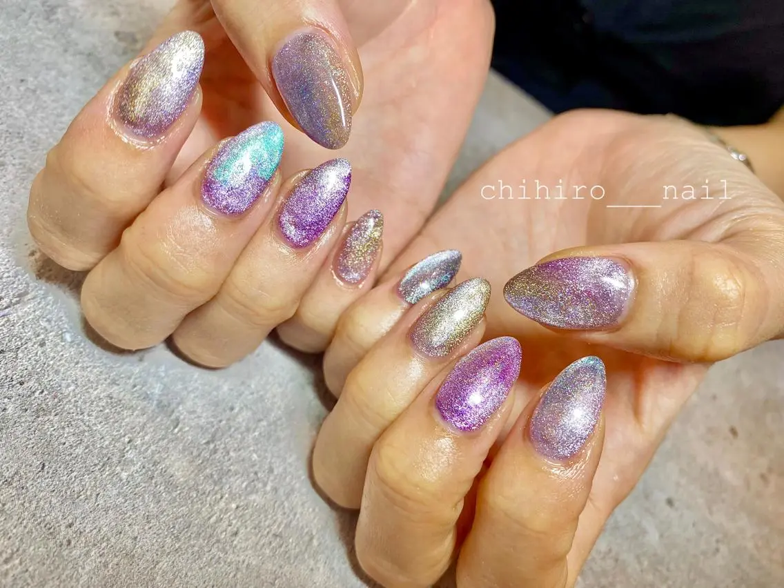 セミロング カラー ネイル アートネイル フレンチネイル ジェルネイル 氷ネイル・うるうるネイル ラメ(グリッター) chihiro 小路ネイルのネイルデザイン