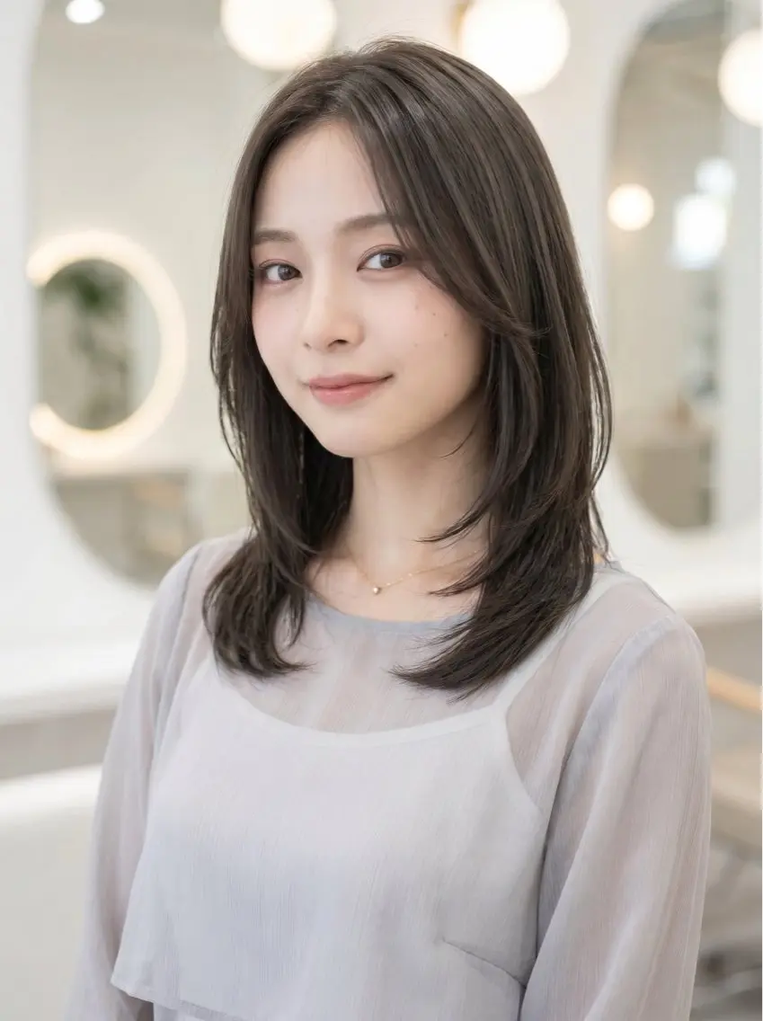 ミディアム カラー ミディアムレイヤー ベージュカラー 透明感カラー くびれヘア 顔まわりレイヤー カット ヘアカラー トリートメント 韓国レイヤーカット× 髪質改善ラビマーニのヘアスタイル