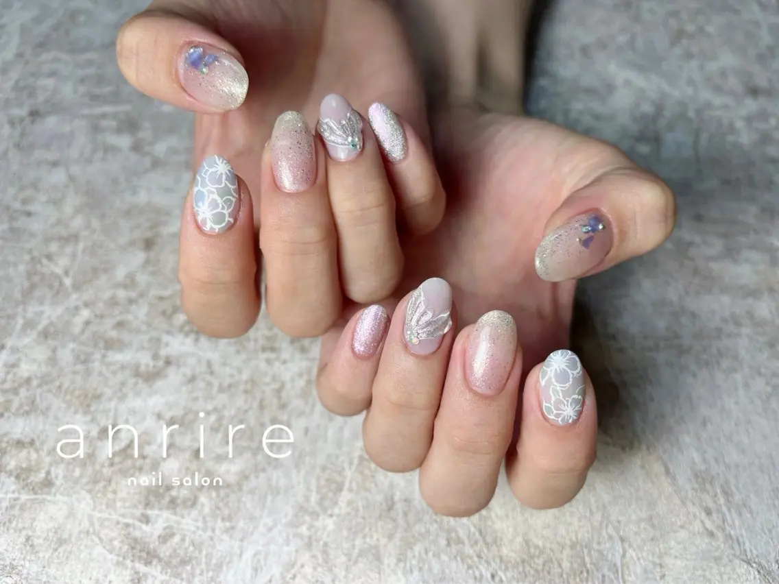 ネイル アートネイル ブルー フラワーネイル ジェルネイル キラキラネイル ハンドネイル nailsalon anrireのネイルデザイン