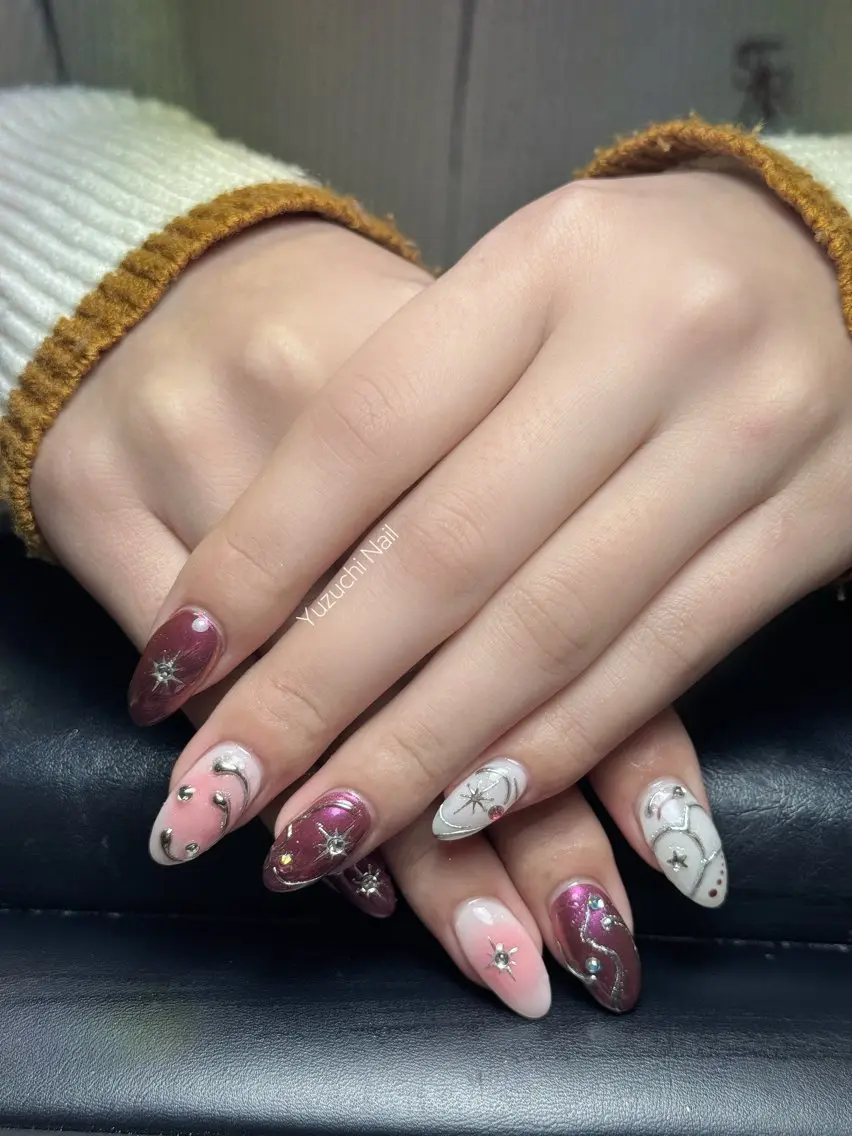 ネイル マグネットネイル リボン ハンドネイル Yuzuchi Nailのネイルデザイン