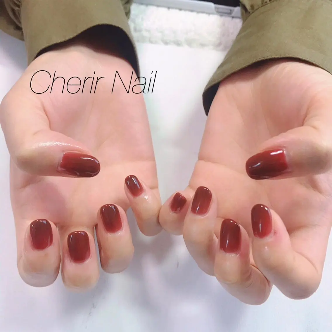 ネイル ボルドー クリアネイル ニュアンスネイル ワンカラーネイル 赤色 Cherirnail kaoriのネイルデザイン