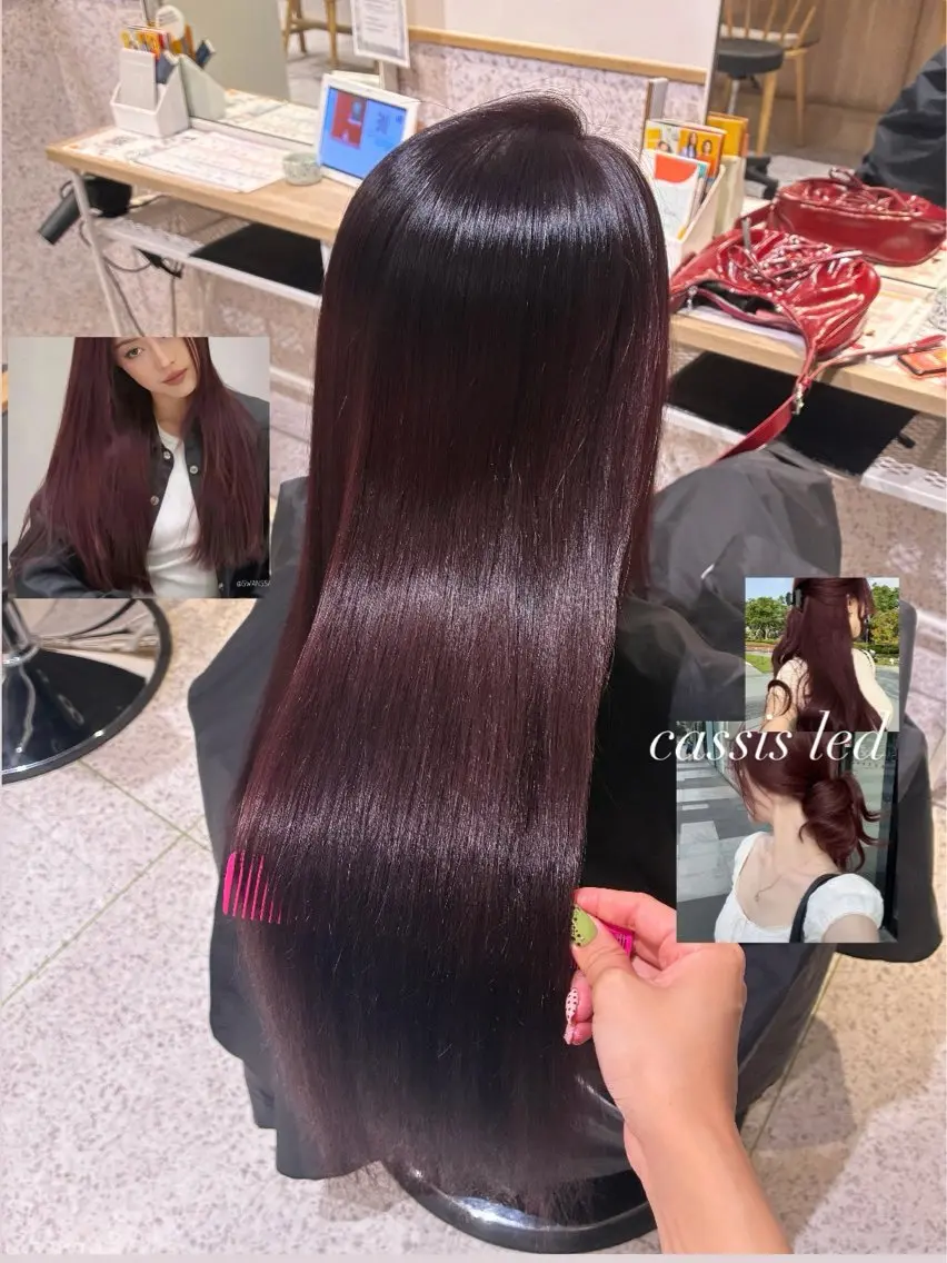 ロング カラー ブリーチ カシス ダブルカラー レッドカラー 髪質改善 ヘアカラー トリートメント 艶カラー&カット/ ほんだあみ (♡)のヘアスタイル
