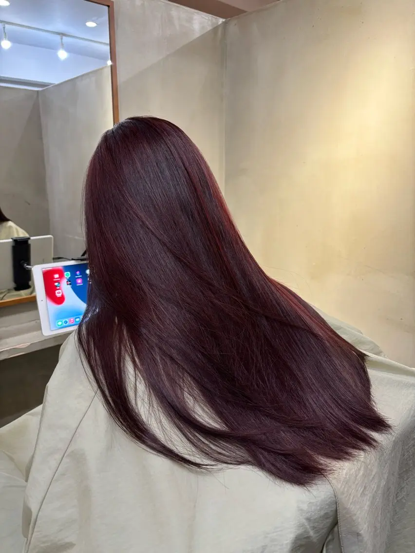 ロング カラー ブリーチ ボルドーカラー ブリーチなしカラー レッドカラー ヘアカラー 中園康 /カラー/ブリーチのヘアスタイル