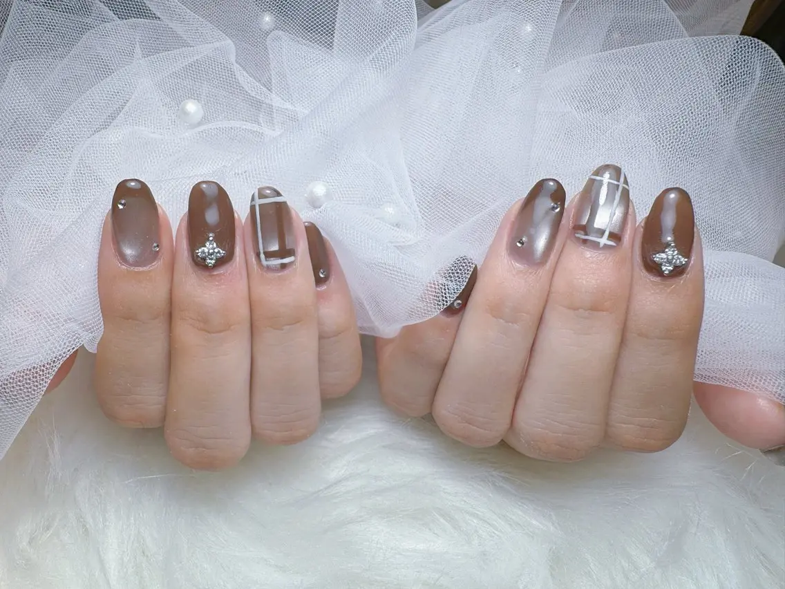 ネイル ブルー ブラウン フレンチネイル 持ち込み ハンドネイル Nail Salon K&Rのネイルデザイン
