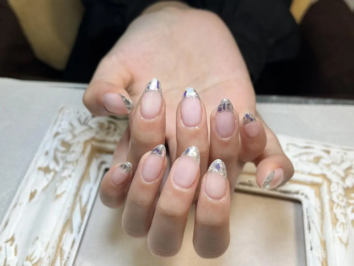 【初回オフ無料★HAND】 ガラスフレンチ/マグネット/ミラー/ラメフレンチネイル¥6980の写真