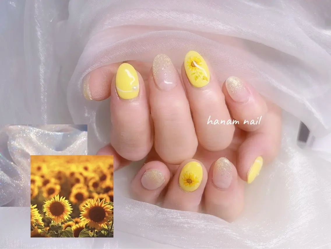 ネイル 黄色 ハンドネイル hanam nail 🌿🩵ハナムネイルのネイルデザイン