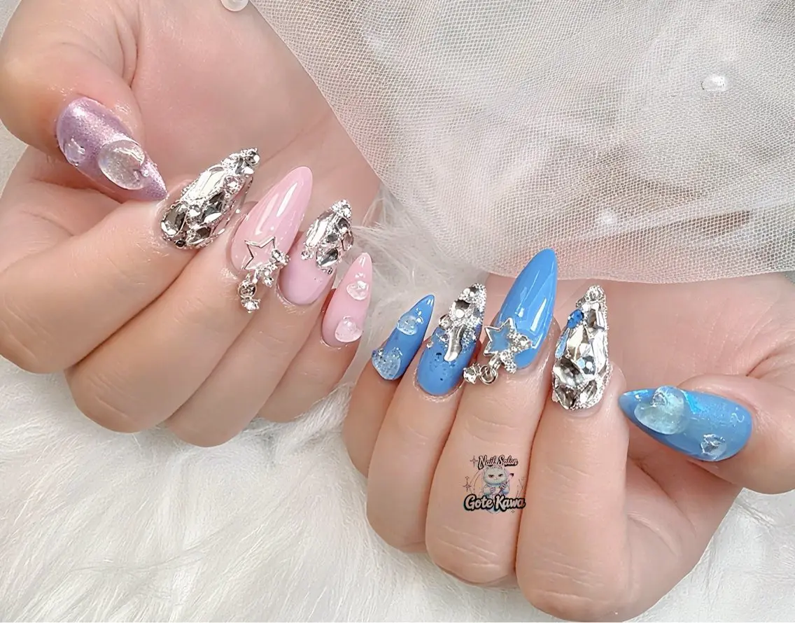 ネイル アートネイル 長さ出し キラキラネイル ピンク リボン ハンドネイル ハンドケア Gote Kawa nail salonのネイルデザイン