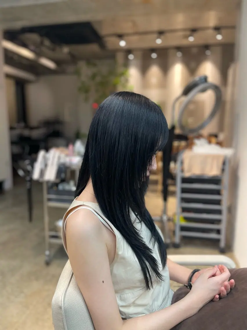 ロング カラー 黒髪 ブルーカラー ブルーブラック ヘアカラー トリートメント まとまるレイヤー カット/透明感カラーのヘアスタイル