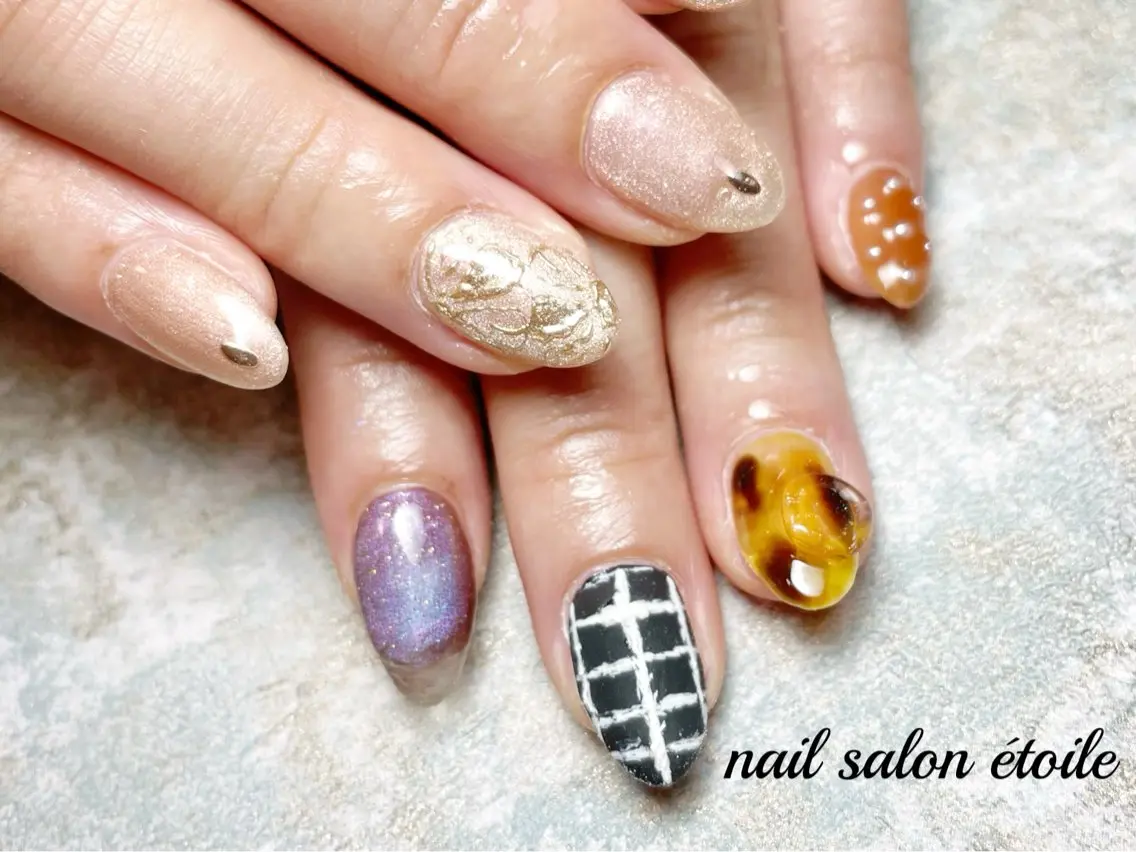 ネイル べっ甲ネイル フラワーネイル マグネットネイル ミラーネイル ハンドネイル nail salon étoileのネイルデザイン