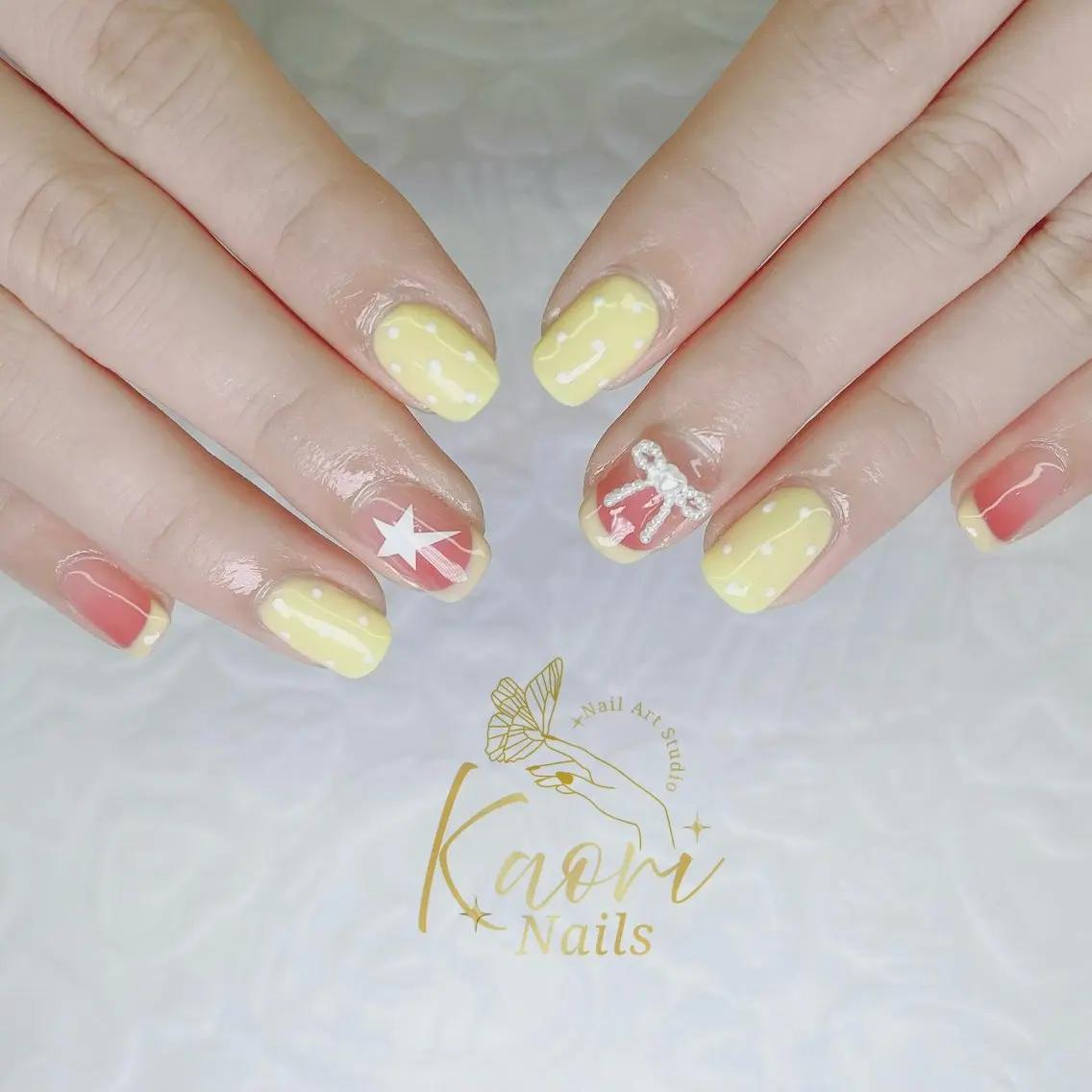 ネイル ドット ガーリー パステルネイル ぷっくりネイル 赤色 ハンドネイル KAORI YUKARIのネイルデザイン