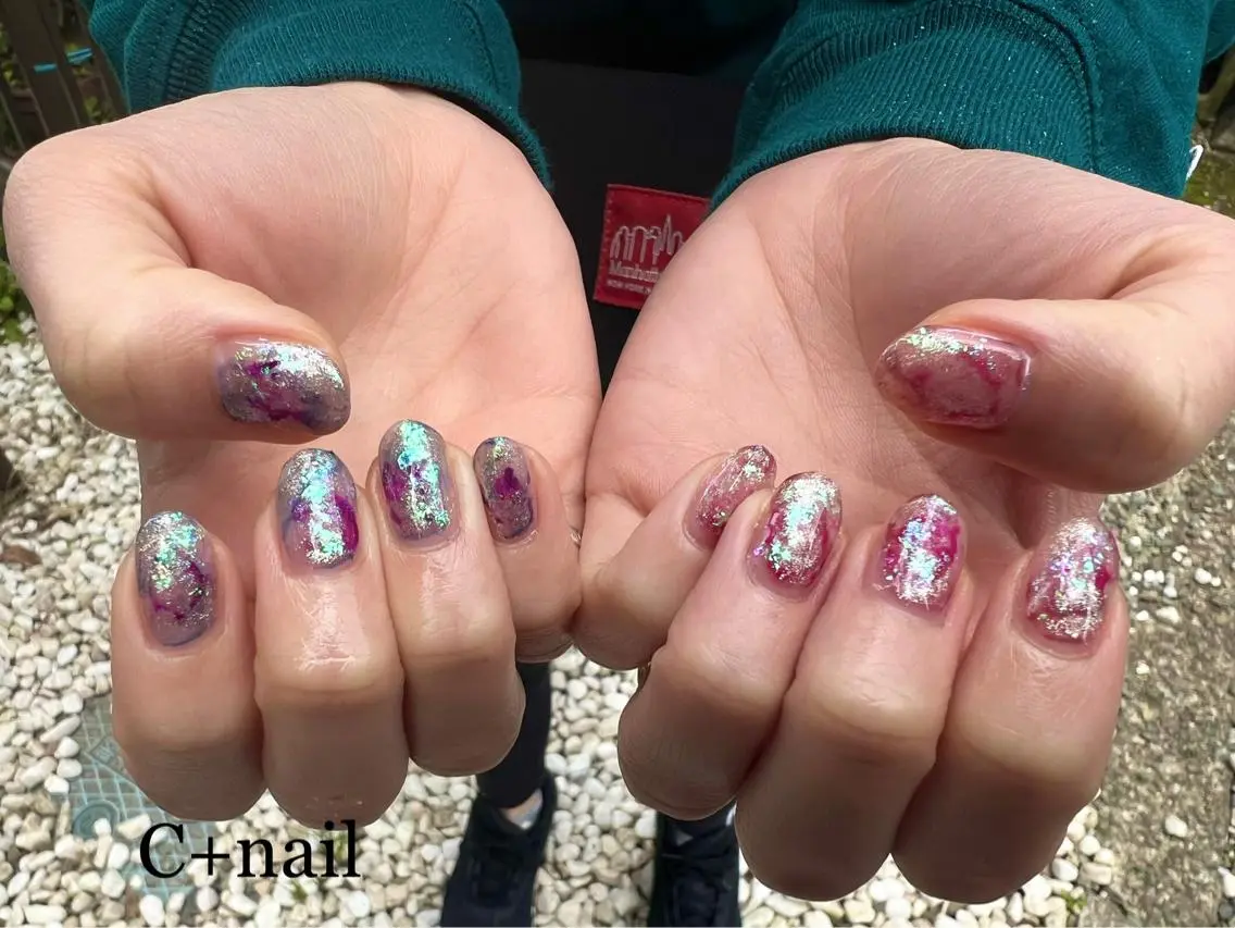 ネイル 氷ネイル・うるうるネイル キラキラネイル ミラーネイル オフィスネイル 春ネイル ハンドネイル ✴︎ C+nailのネイルデザイン