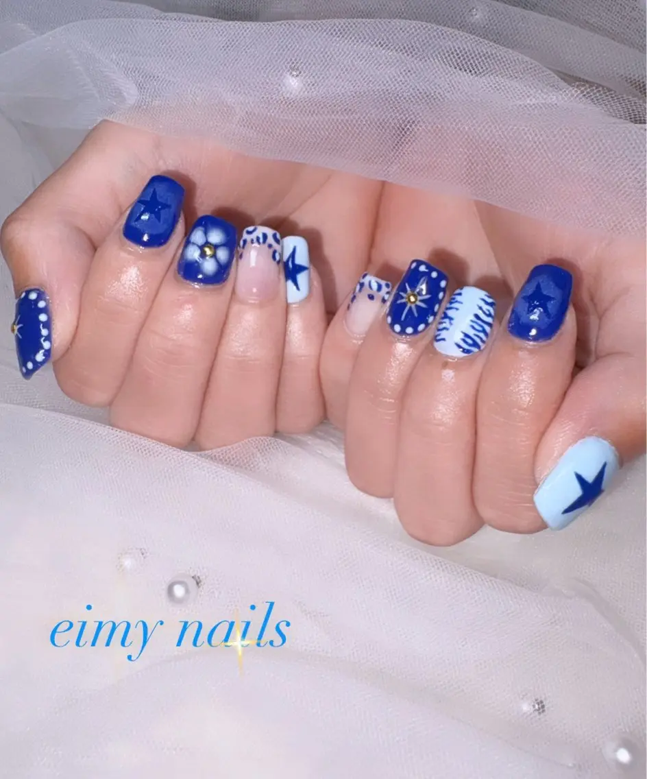 ネイル アニマル柄 アートネイル ドット フレンチネイル 水色 ハンドネイル eimy nails♡のネイルデザイン