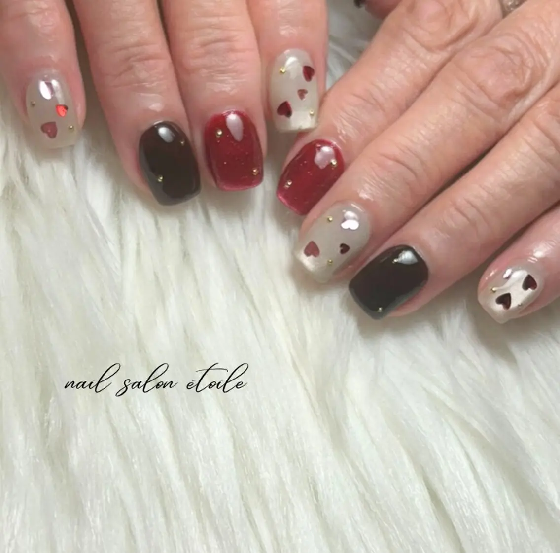 ネイル ブラウン ハート マグネットネイル 赤色 ハンドネイル nail salon étoileのネイルデザイン