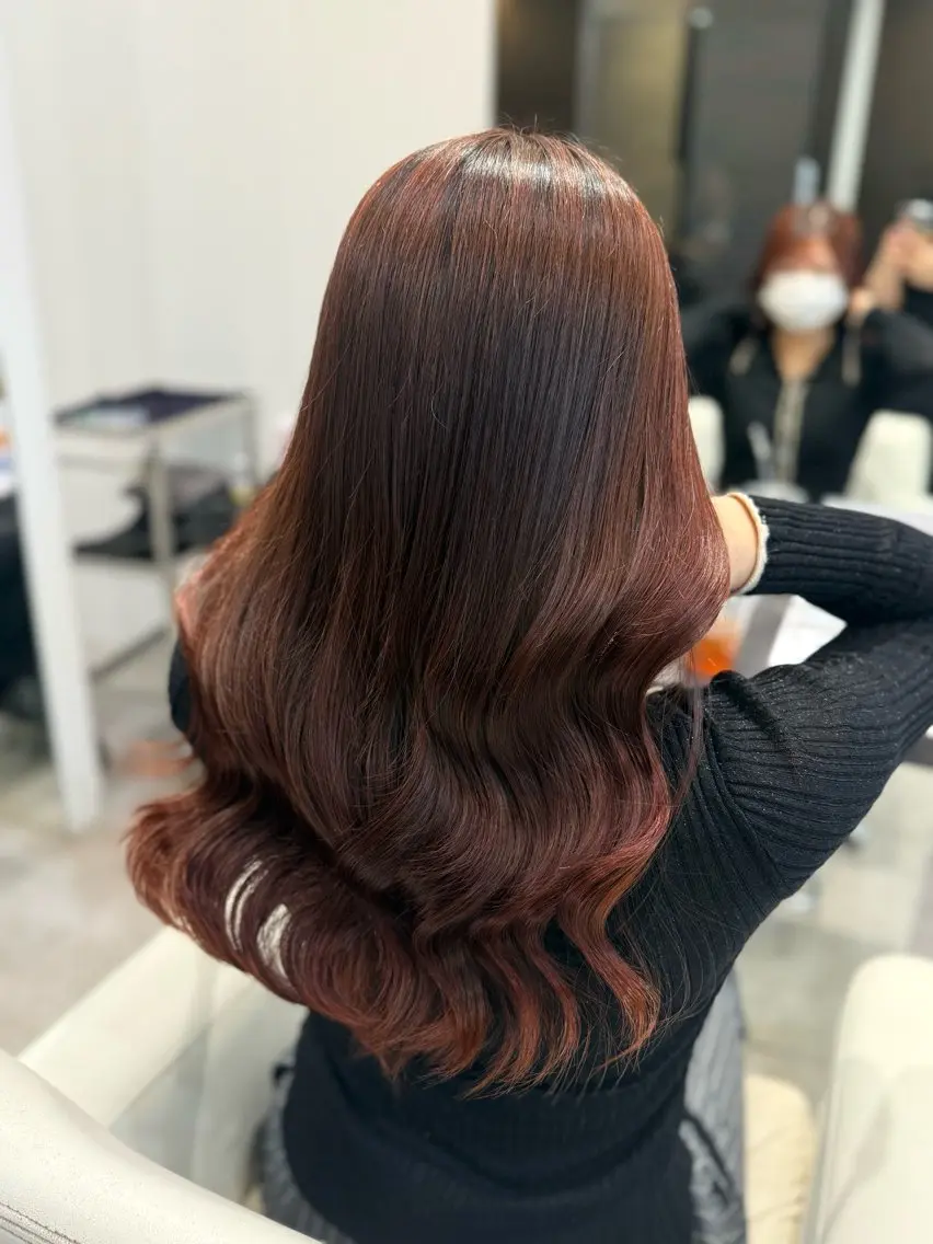 ロング カラー オレンジ オレンジレッド レッドカラー カット ヘアカラー トリートメント 渋谷髪質改善/縮毛 矯正/かすが🪽🫧のヘアスタイル