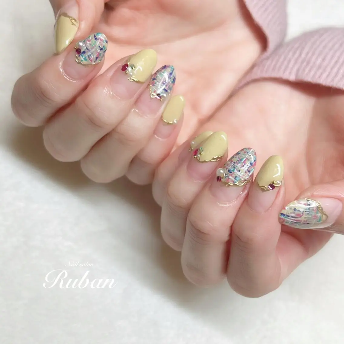 ネイル 入学式 卒業式 春ネイル ツイードネイル 冬ネイル Nail salon Rubanのネイルデザイン