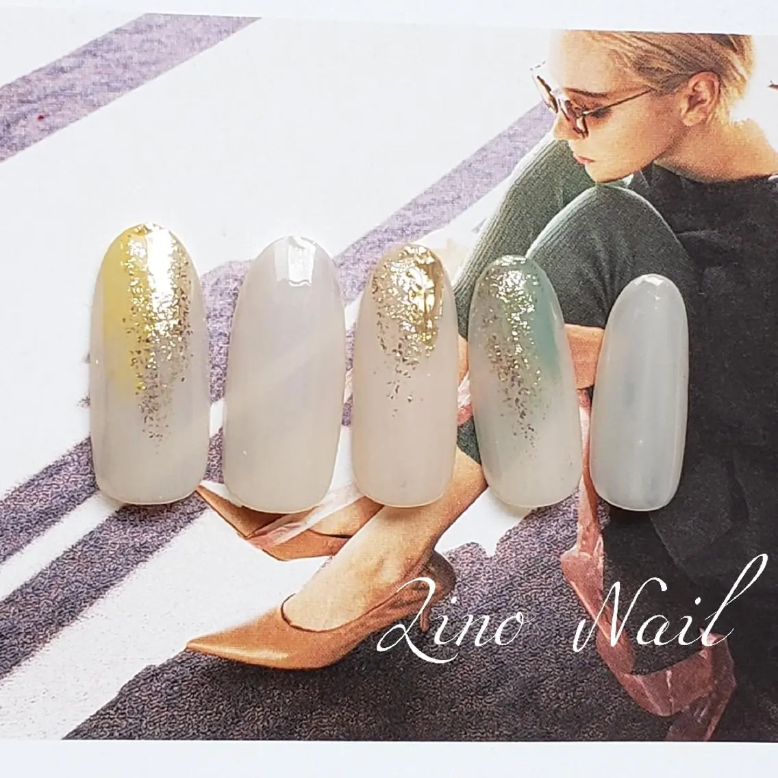 ネイル カジュアル ジェルネイル ゴールド グリーン キラキラネイル Lino Nailのネイルデザイン