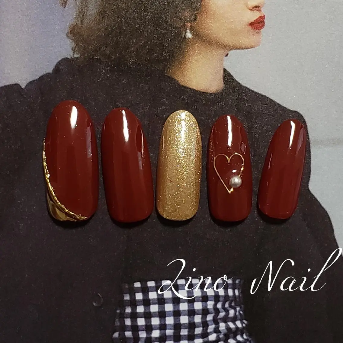 ネイル ボルドー カジュアル ジェルネイル ゴールド ハート Lino Nailのネイルデザイン