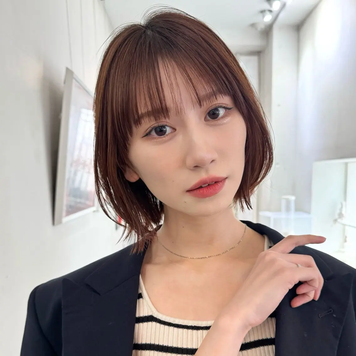 ショート ボブレイヤー オレンジブラウン ボブ レイヤーカット 結莉/ボブ/ 縮毛矯正のヘアスタイル
