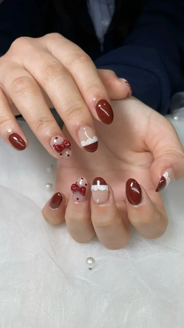 ネイル ボルドー ドット フレンチネイル ガーリー ハート Sugar. ひかり໒꒱˚.*のネイルデザイン
