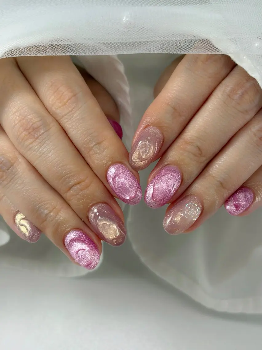 ネイル キラキラネイル マグネットネイル ピンク ぷっくりネイル ハンドネイル iro+ nailのネイルデザイン