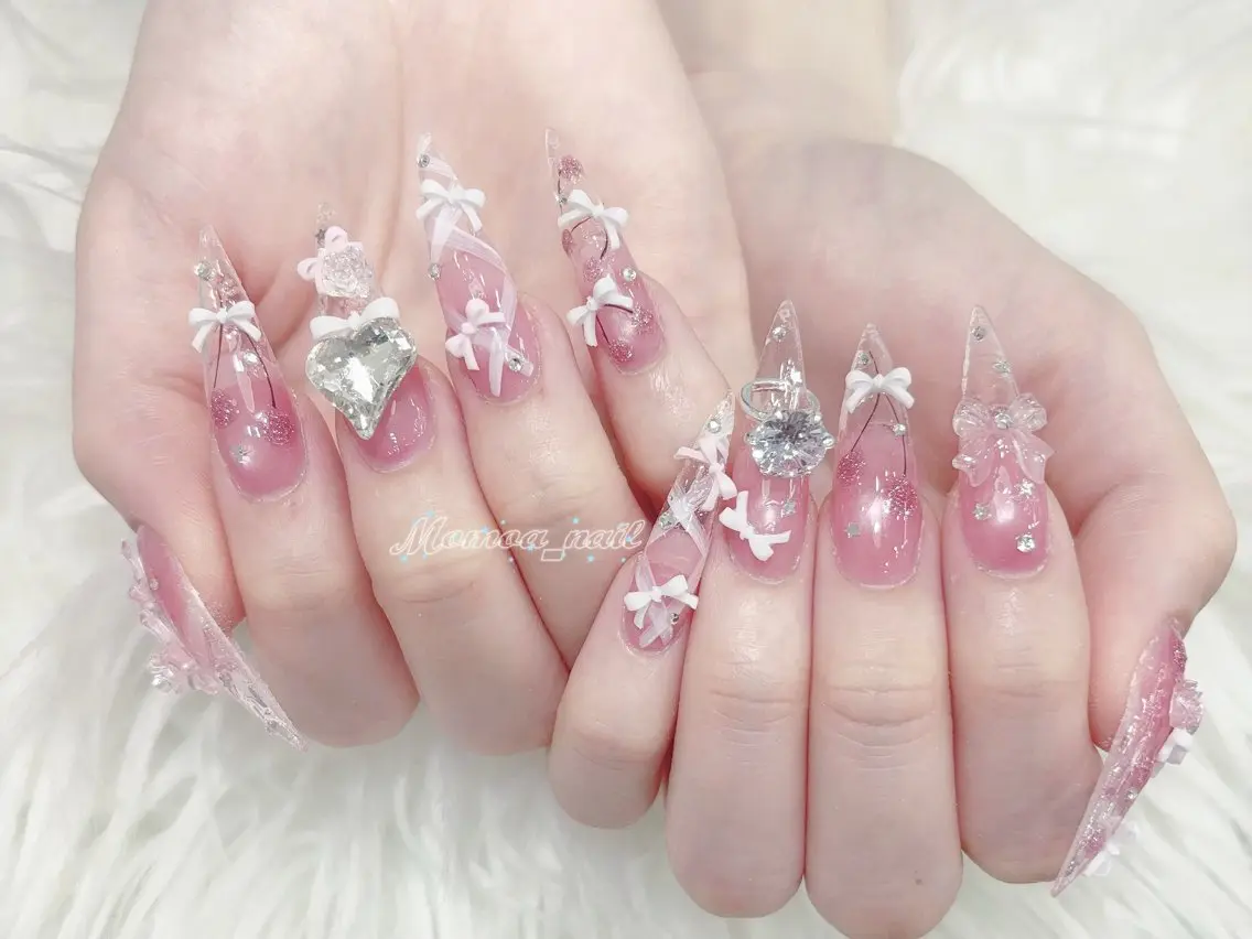 ネイル 成人式 マグネットネイル 大理石ネイル(マーブル) リボン 夏ネイル ハンドネイル MoMoA Nail ネイル長さ出し専門店のネイルデザイン