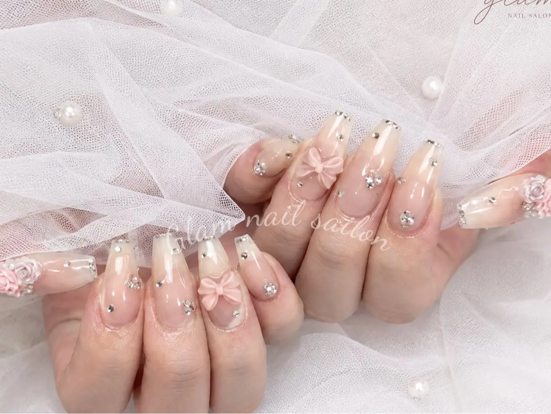 ネイル ハンドネイル エツメ💅 長さ出し🎀デザインのネイルデザイン