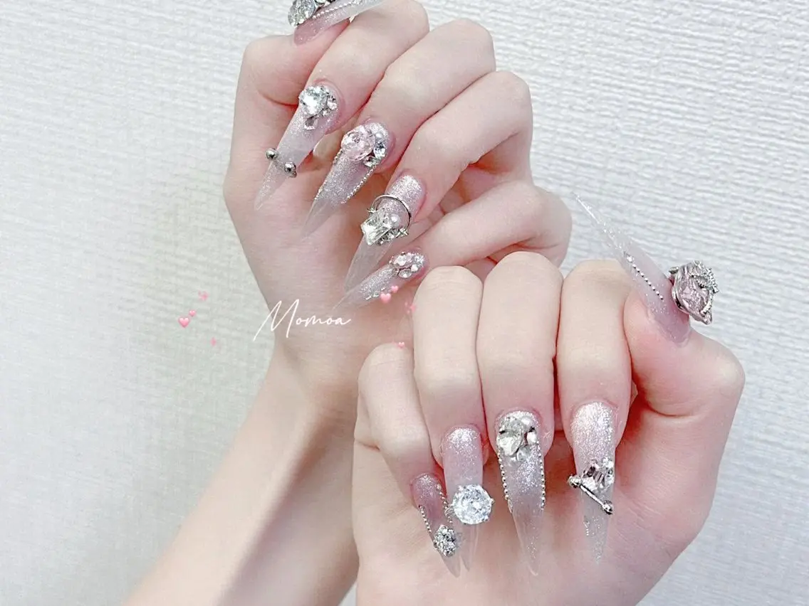 ネイル 成人式 大理石ネイル(マーブル) リボン 夏ネイル ネイルチップ ハンドネイル MoMoA Nail ネイル長さ出し専門店のネイルデザイン