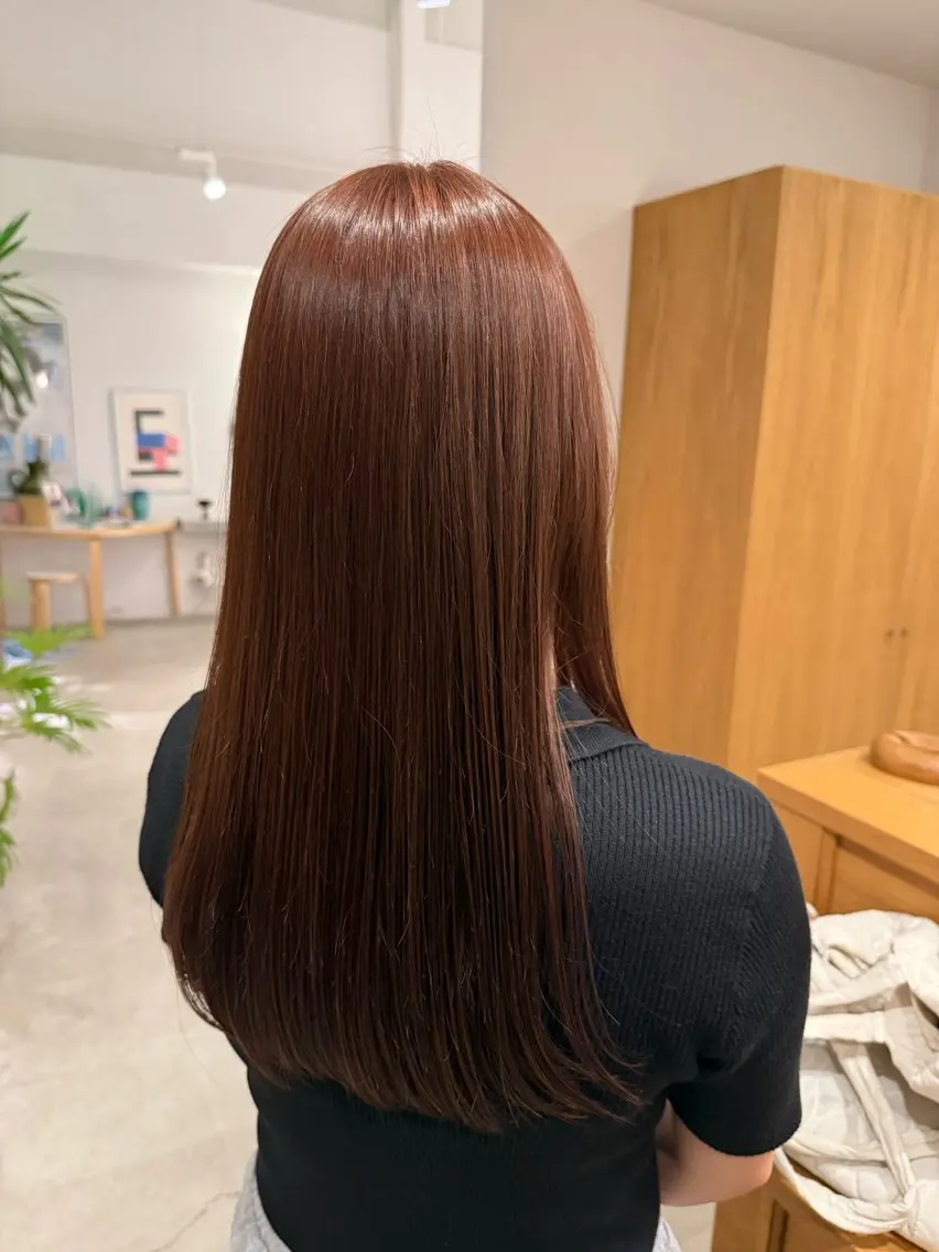 ロング カラー オレンジ オレンジピンク ピンクカラー トリートメント 縮毛矯正 山口 ゆいのヘアスタイル