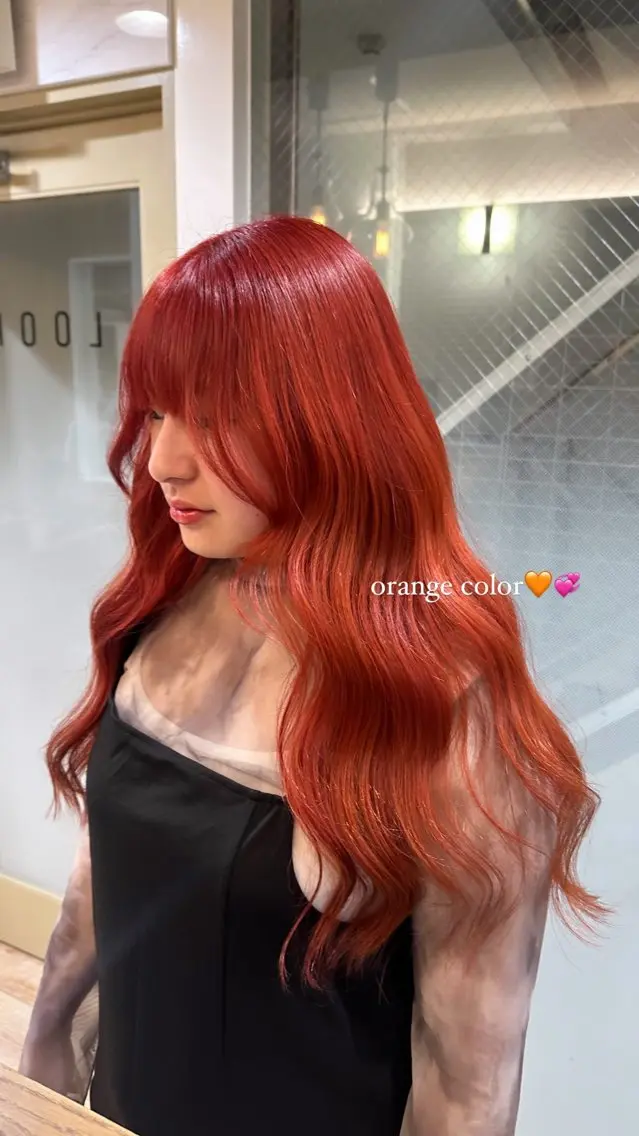 ロング カラー ブリーチ オレンジ レッドカラー ヘアカラー トリートメント ♡韓国ヘア♡遠藤 美夢のヘアスタイル