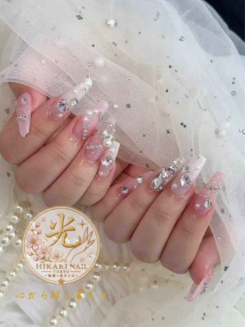 ネイル チークネイル 長さ出し フレンチネイル ガーリー ハート ハンドネイル HikariNail Ikebukuroのネイルデザイン