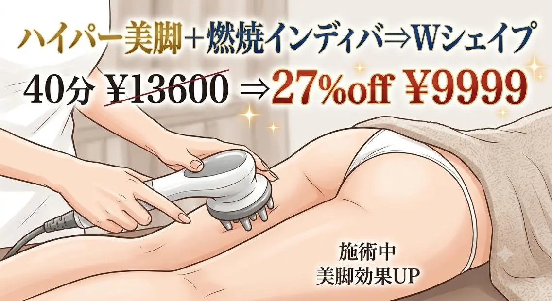 ハイパー美脚＋燃焼インディバ⇒Ｗシェイプ40分¥13600⇒27％off¥9999の写真