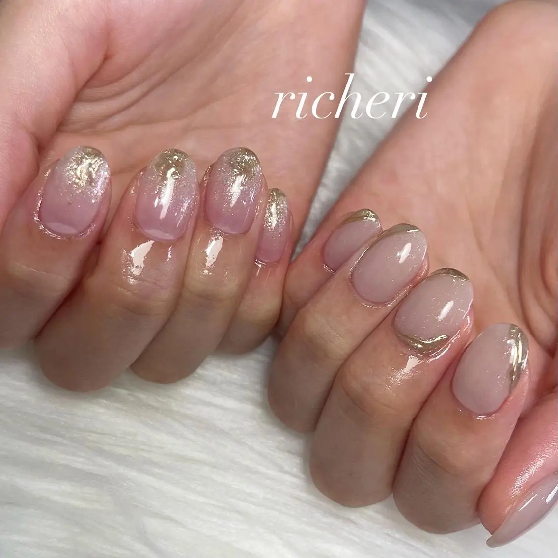 ミディアム ネイル 韓国風ヘア アートネイル フレンチネイル ジェルネイル ガラスフレンチ richeri beautyのネイルデザイン