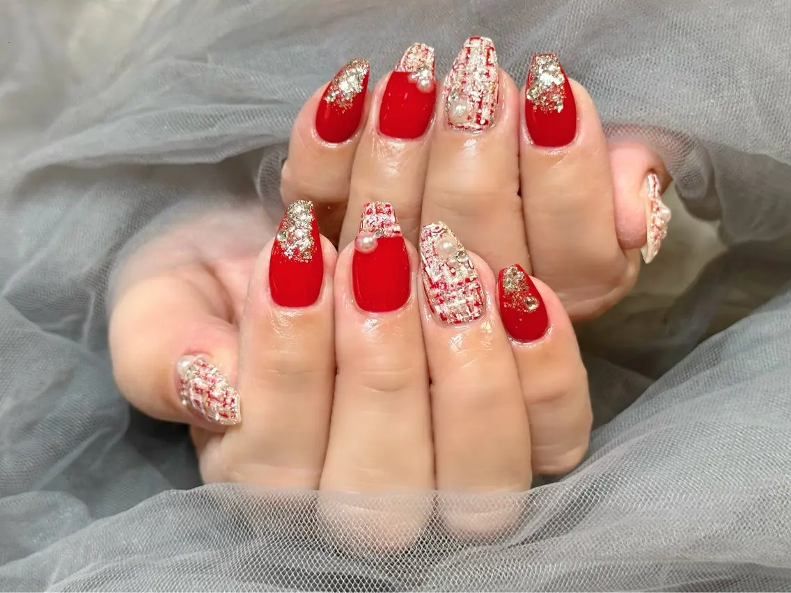 ネイル 赤色 ツイードネイル ハンドネイル Nail Salon KURELLYのネイルデザイン