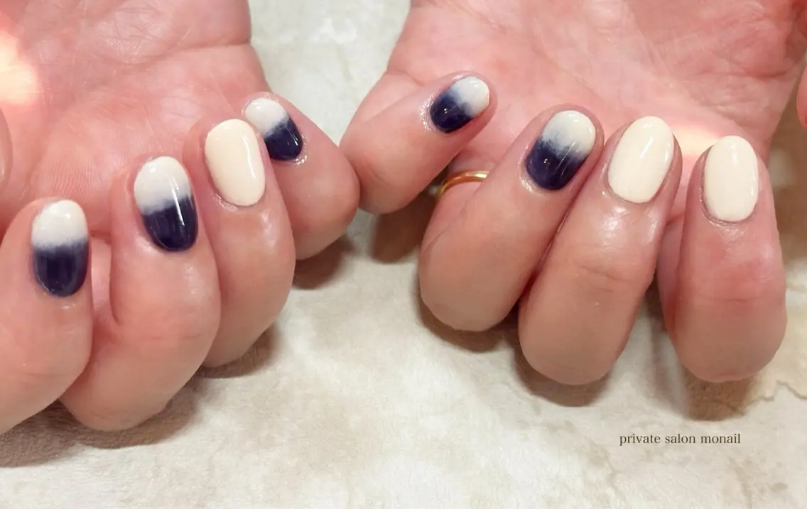ネイル ネイビー ホワイト ハンドネイル nail salon monailのネイルデザイン