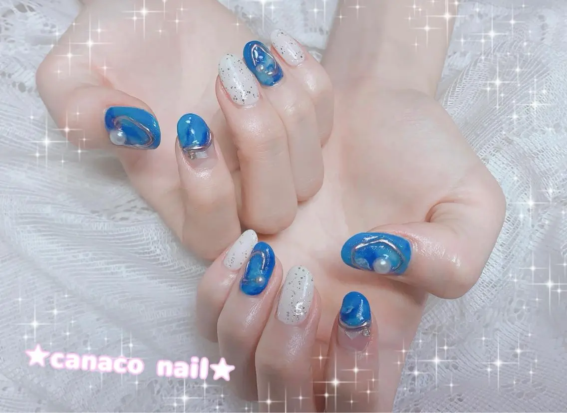 ネイル アートネイル ブルー ジェルネイル ミラーネイル パラジェル ハンドネイル ハンドケア ベテランネイル cnc nailのネイルデザイン