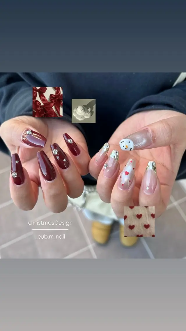 ネイル ボルドー ハート マグネットネイル 冬ネイル クリスマス ハンドネイル 深夜ネイルサロン eub.m_nailのネイルデザイン