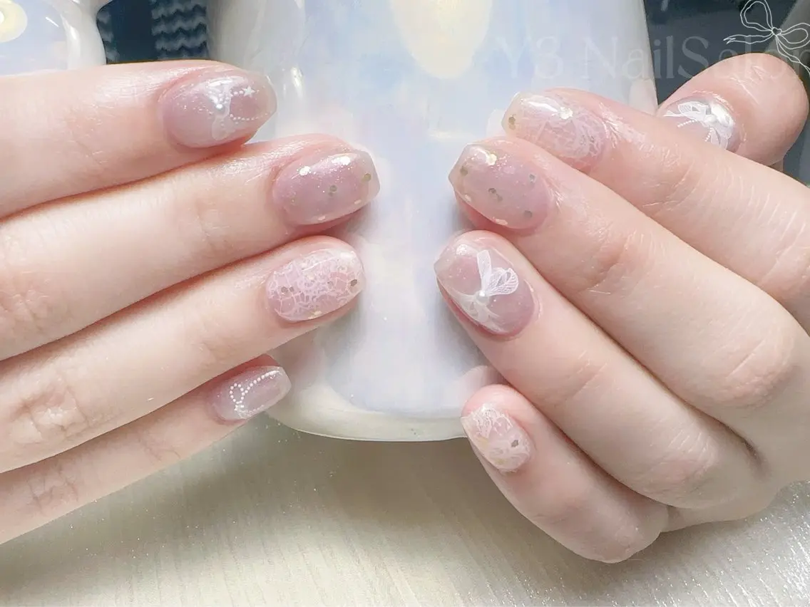ネイル ガーリー レース マグネットネイル リボン ハンドネイル Y3 NailSalonのネイルデザイン