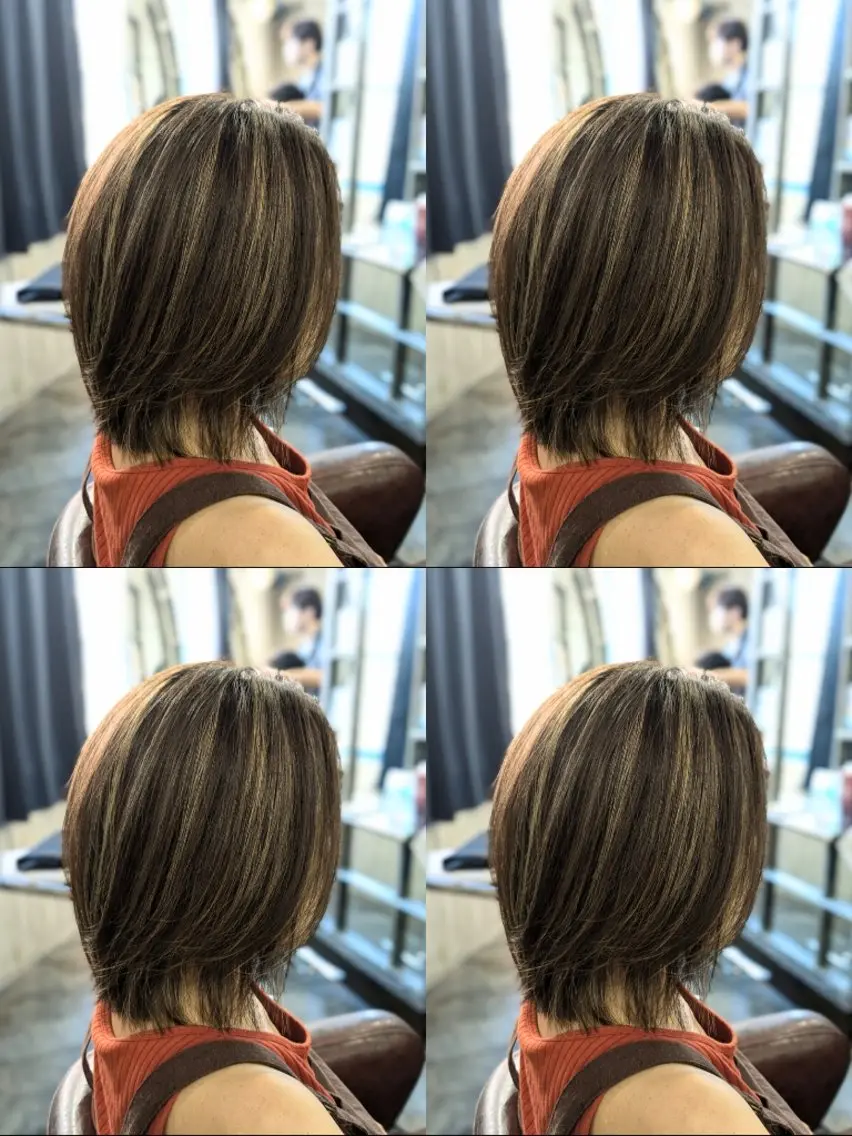 ミディアム カラー ボブレイヤー ハイライトカラー ボブ くびれヘア 顔まわりレイヤー カット ヘアカラー トリートメント メンズパーマ/顔周り レイヤーカット/えののヘアスタイル