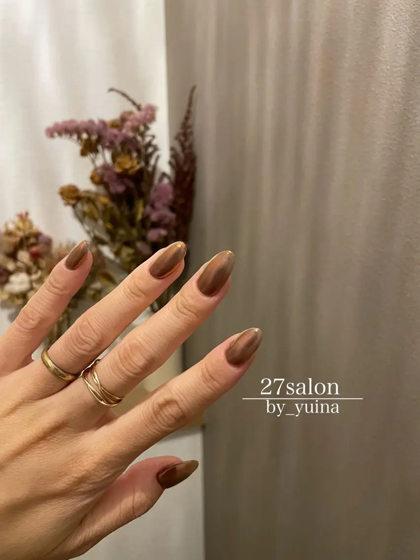 ネイル ブラウン ミラーネイル ハンドネイル 27salon yuinaのネイルデザイン