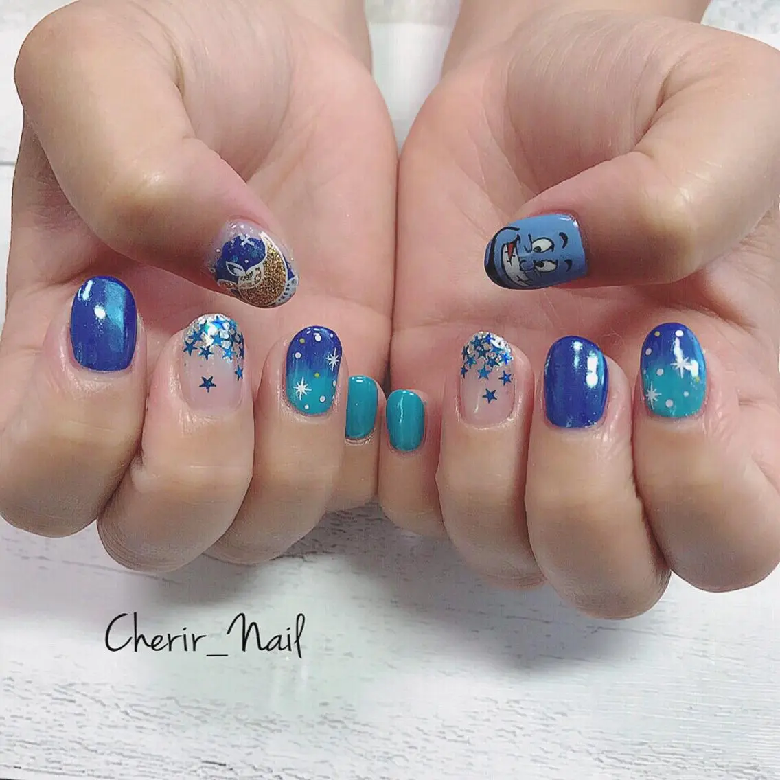 ネイル アートネイル ブルー クリアネイル ホログラムネイル ミラーネイル Cherirnail kaoriのネイルデザイン
