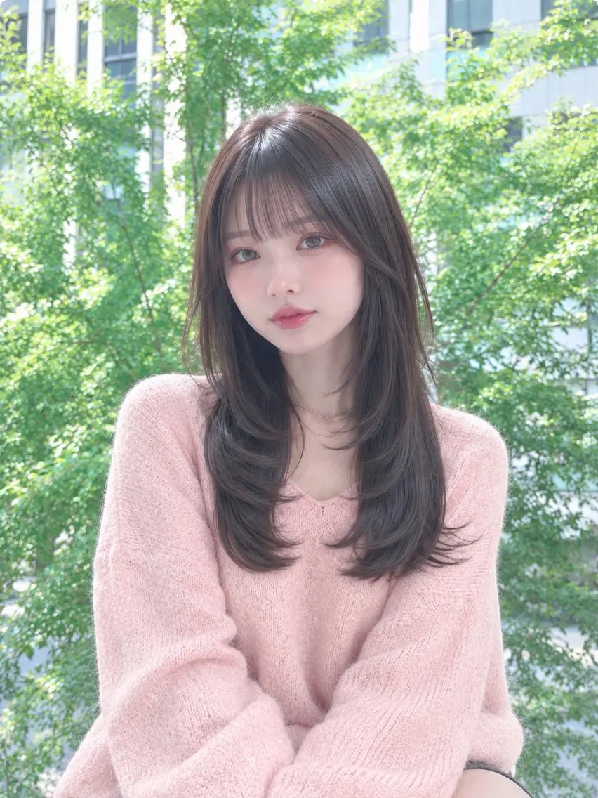 ロング くびれヘア 顔周りカット レイヤーカット ロング 小顔カット カット ヘアカラー トリートメント 韓国レイヤー/ ハッシュカットひなたのヘアスタイル