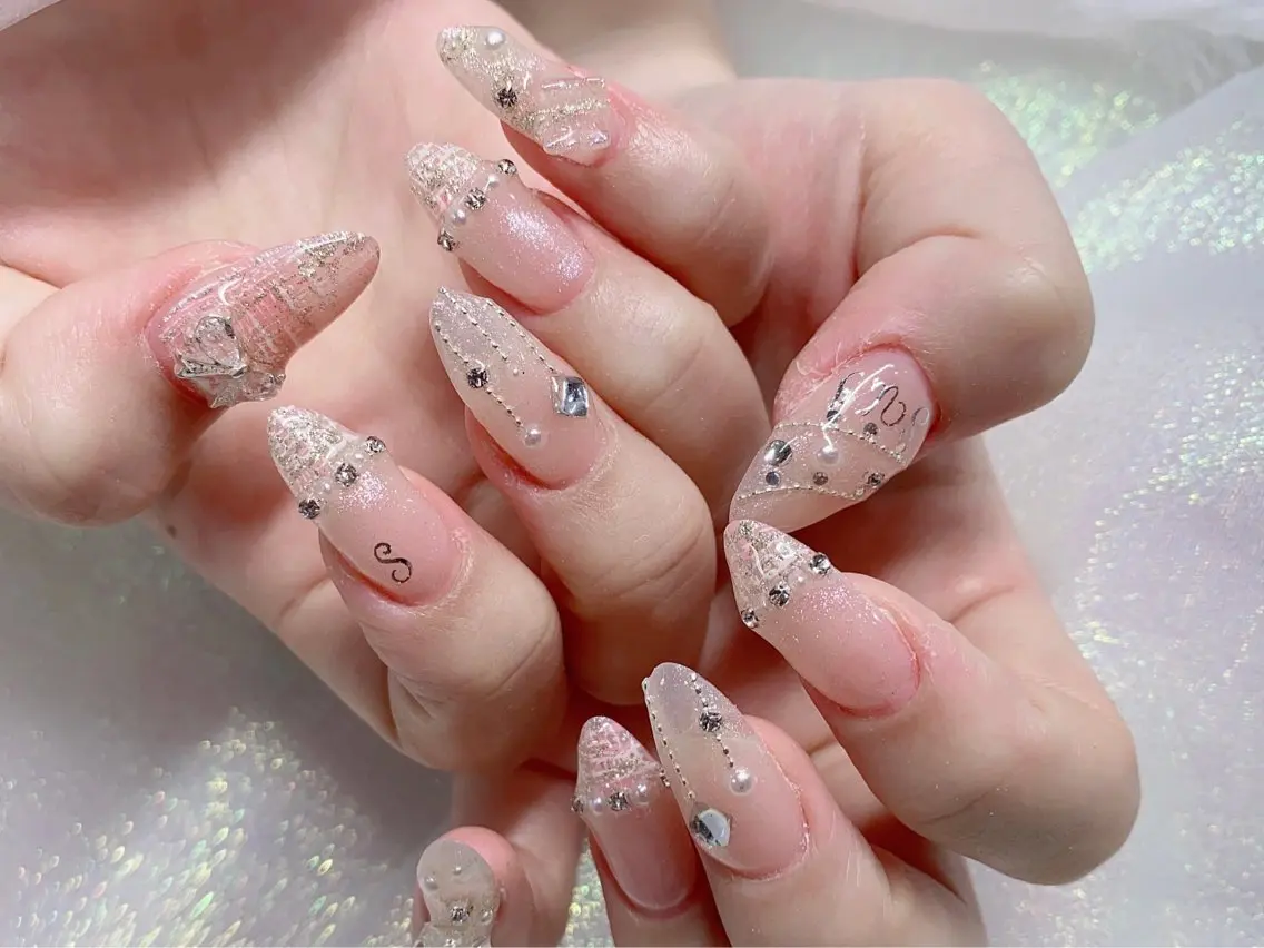 ネイル 長さ出し ジェルネイル キラキラネイル 大理石ネイル(マーブル) ニュアンスネイル Morpho nailのネイルデザイン