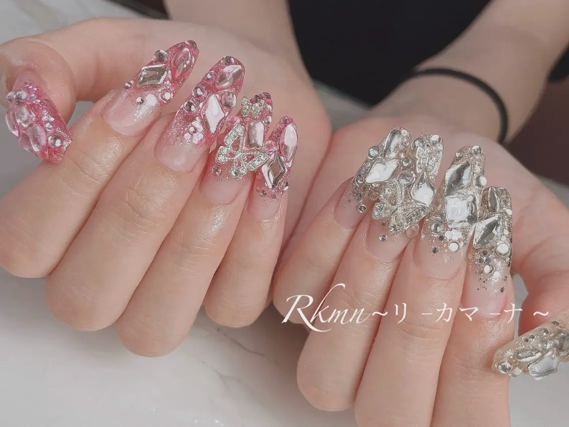 ネイル アートネイル ピンク シルバー 春ネイル ハンドネイル フットネイル ハンドケア Rkmn ~リ-カマ-ナ~のネイルデザイン