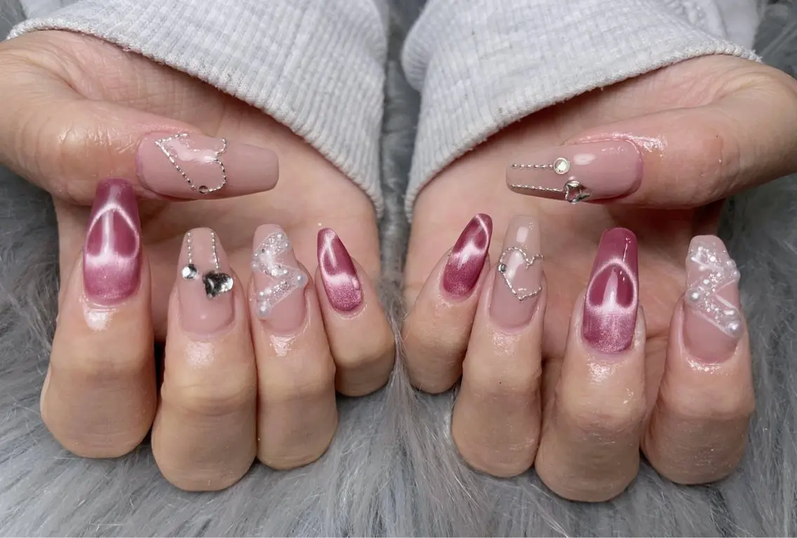 ネイル ジェルネイル ハート マグネットネイル パラジェル リボン ハンドネイル BLANC.nail yuuのネイルデザイン