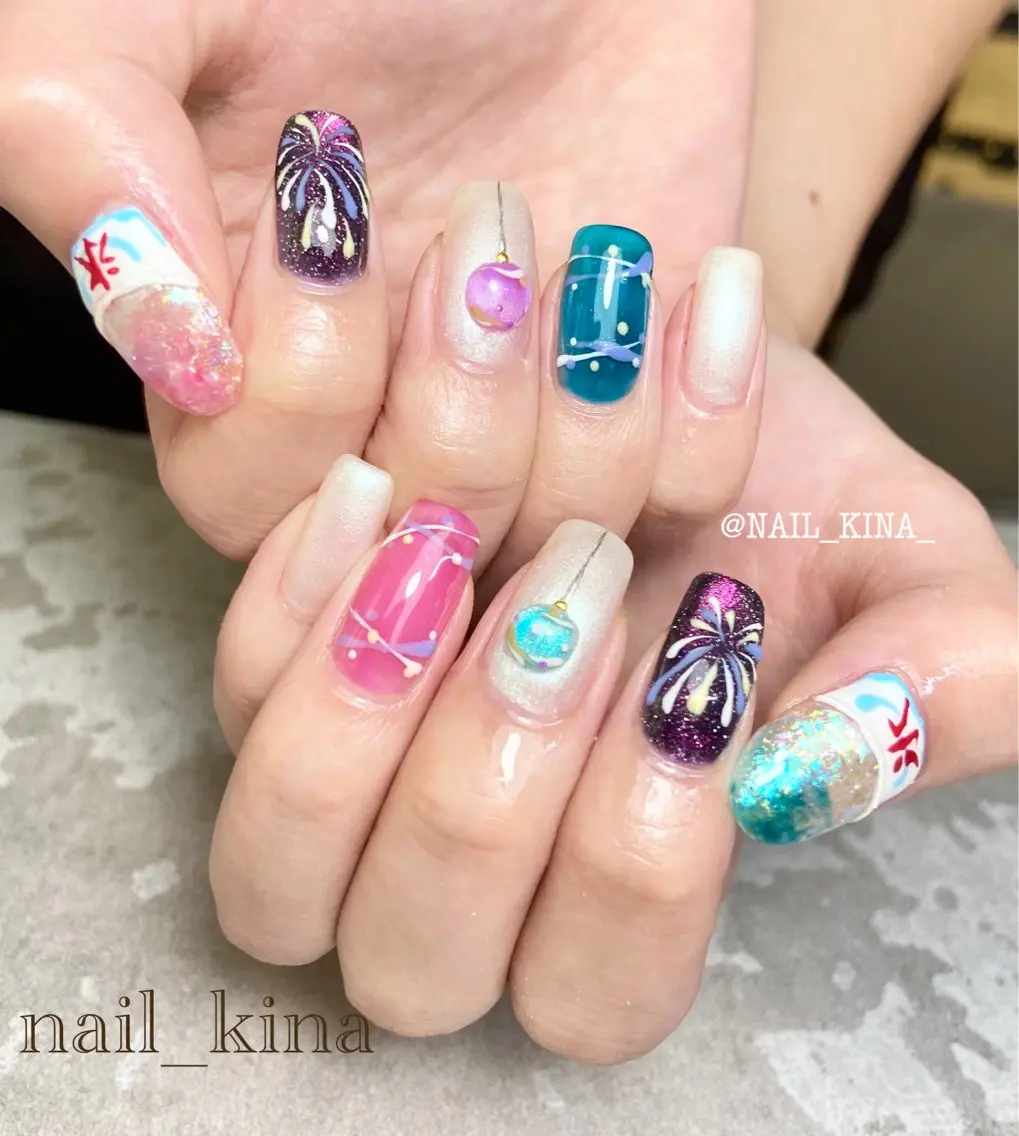 ネイル 氷ネイル・うるうるネイル 夏ネイル ヨーヨーネイル nail_ kinaのネイルデザイン