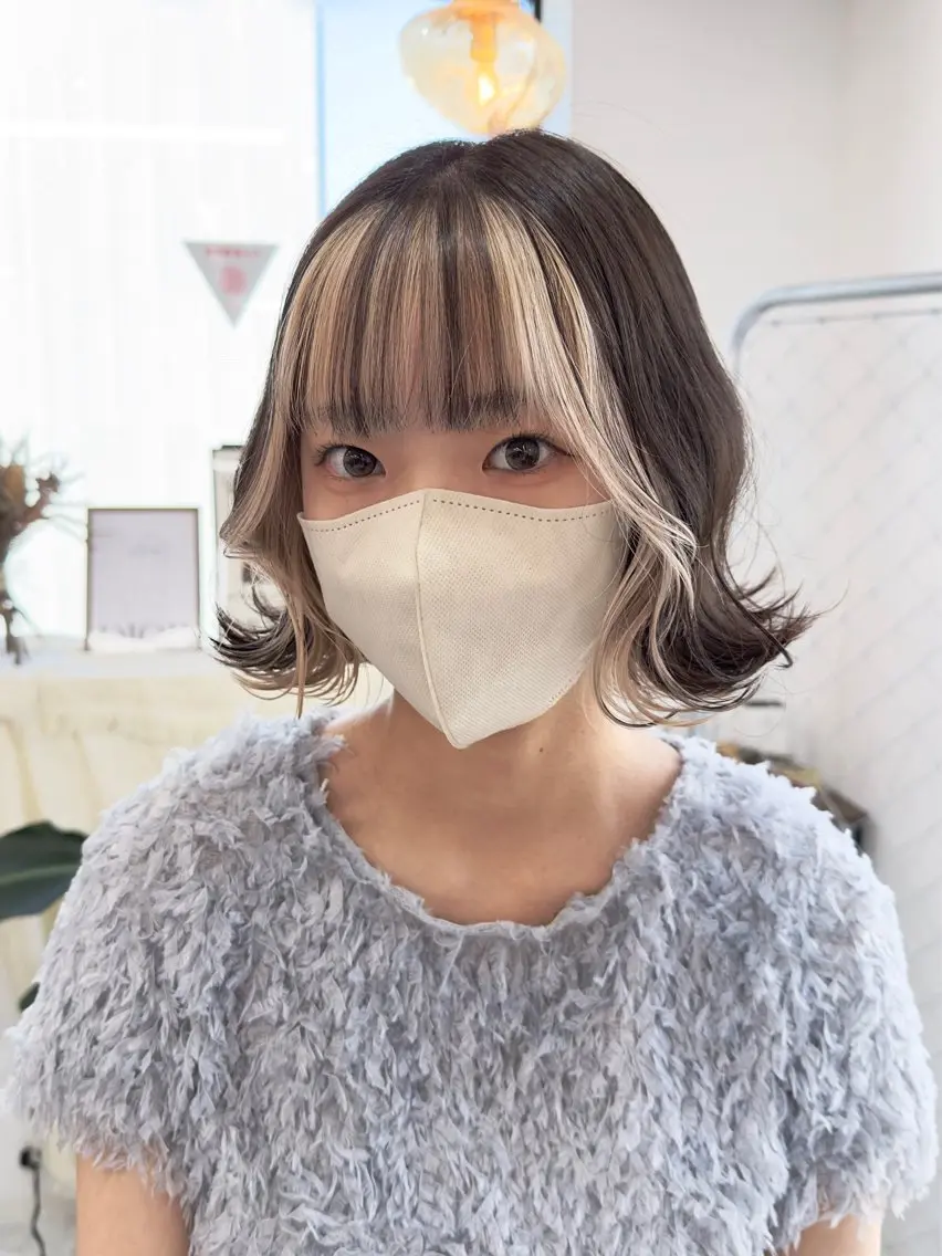 ミディアム ミストバング ボブ ヘアカラー トリートメント 🤍ムラ修正ブリーチ 🤍原宿/YUUのヘアスタイル